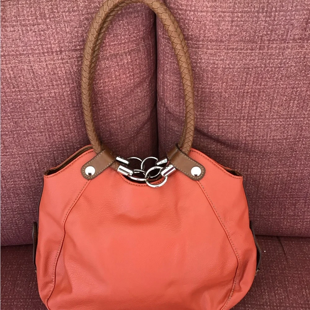 Coral orange brown Handbag purse braided handles 14” x 18” including handles EUC - Picture 13 of 15